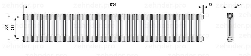 Схема (чертеж) Радиатор Zehnder Charleston 2030/39 №1270 Белый глянцевый RAL 9016
